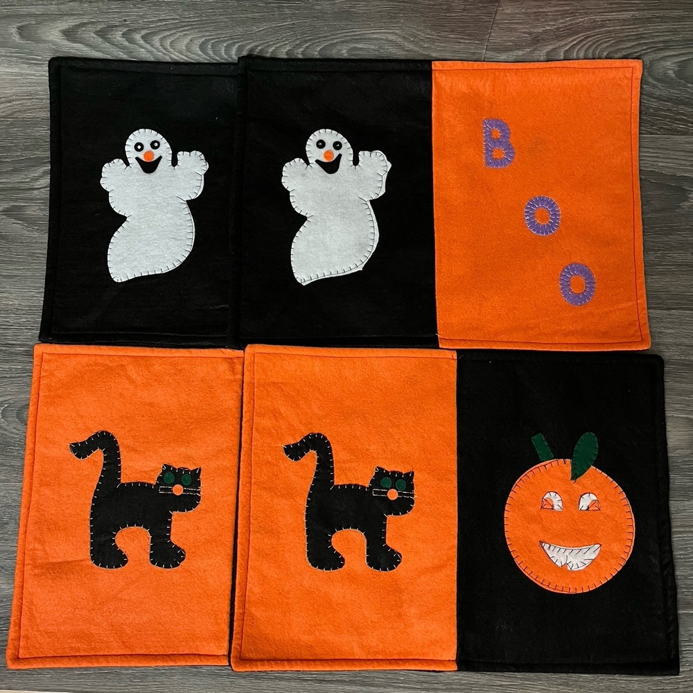 Felt Halloween Placemats Lot Of 4 Cat‎ Pumpkin Ghost Boo 17"x12.5" Orange, Black